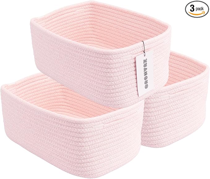 XUANGUO Small Woven Storage Baskets 12“X8”X5“ Decorative Rope Bins for Organizing Shelves, Closets, and Toys, Empty Gift Baskets, Cute Organizer Basket for Home and Office (pink, regular)