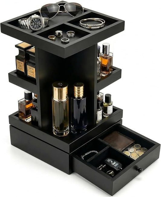 4-Tier Rotating Cologne Organizer with Drawer for Men, Large Capacity Perfume Organizer, Mens Gifts & Desktop Accessories Stand - Spacious for Bottles & Men's Essentials Storage, Modern Black