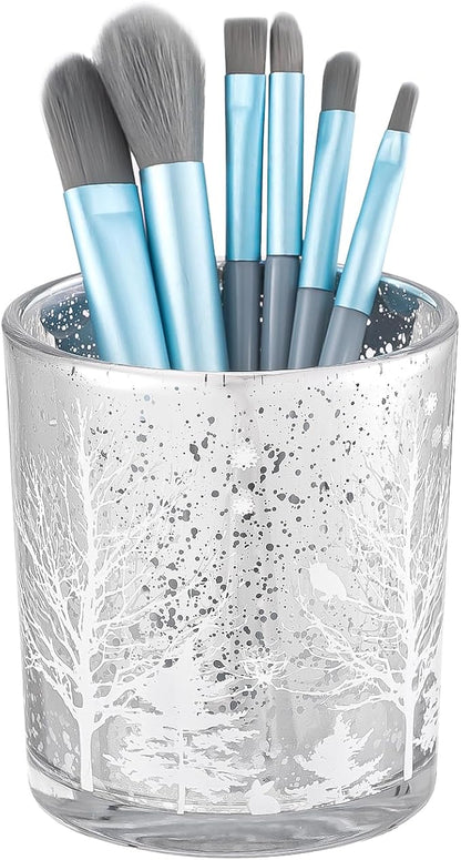 DASITON Makeup Brush Holder Organizer, Crystal Glass Cosmetic Makeup Brushes Storage Holder, Christmas Tree Make Up Brush Cup for Vanity Décor, Small Pen Holders for Desk, Toothbrush Holders (Silver)