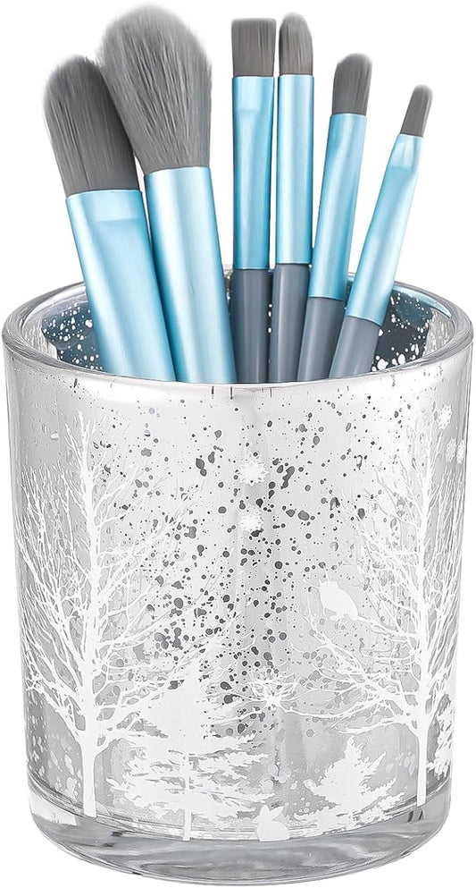 DASITON Makeup Brush Holder Organizer, Crystal Glass Cosmetic Makeup Brushes Storage Holder, Christmas Tree Make Up Brush Cup for Vanity Décor, Small Pen Holders for Desk, Toothbrush Holders (Silver)