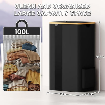 BlissTotes Laundry Basket with Lid, 100L Clothes Laundry Hamper with Handles and Removable Laundry Bag, Breathable Design Hamper with Lid for Bedroom, Bathroom, Dorm, Laundry Room - Black