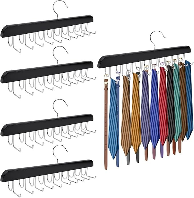 4 Pcs Tie Organizer for Closet, Wood Belt Hanger 2 in 1 Tie Racks for Men Closet with 20 Folding Hooks(Black)