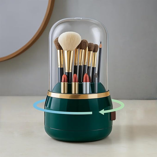 Toothbrush Holder with Lid Cosmetic Tools Organizer 360 Rotating 7-Slot Draining Waterproof Dustproof Make Up Brushes Toothbrush Storage for Dresser Vanity Bathroom Countertop