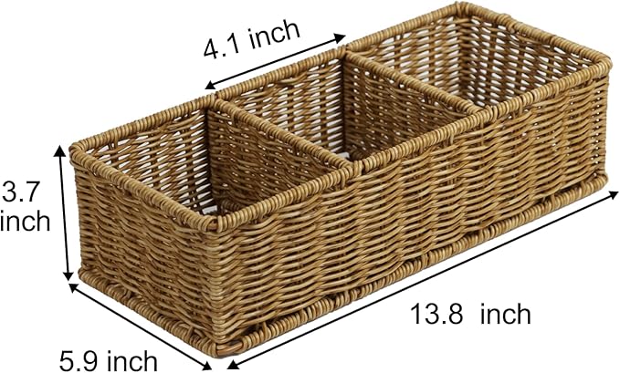 Waterproof Wicker Basket With 3 Compartments, Hand Woven Bathroom Counter Organizer, Small Storage Basket for Toilet Paper Storage, Countertop Shelf Toilet Tank (Light Brown)