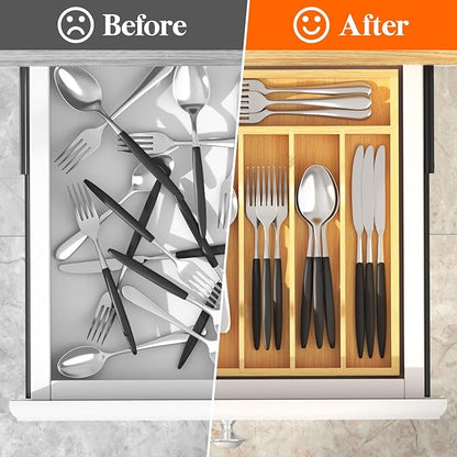 Lifewit Silverware Drawer Organizer, Utensil Tray for Kitchen, Flatware and Cutlery Holder, Storage for Spoons Forks Knives, 6.7 x 12", Natural
