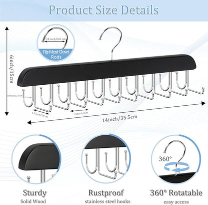 2 Pack 2-in-1 Belt and Tie Hanger for Closet, Upgraded Tie Rack with 20 Foldable Non-Slip Hooks, Max 30 Belts and 30 Ties, Space-Saving Wooden Tie and Belt Organizer for Camisoles, Bras, Scarves