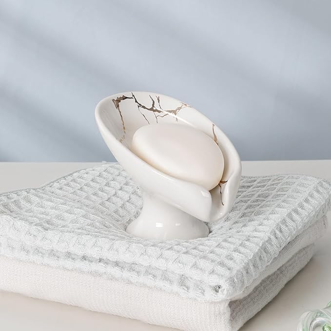 Soap Dish, Soap Holder Self Draining Leaf Shape Soap Dishes, Ceramic Drain Soap Dish for Sink Bathroom Shower Kitchen, Easy to Clean Keeps Soap Dry, Cream White & Gold Marble Pattern, ANTIS'S HOME