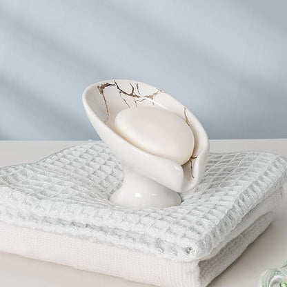 Soap Dish Set, Self Draining Bar Soap Holder for Bathroom Sink, Leaf Shaped Drainage Ceramic White Marble Porcelain Soap Dishes, Kitchen Decorative Soap Dish 2PACK, ANTIS'S HOME