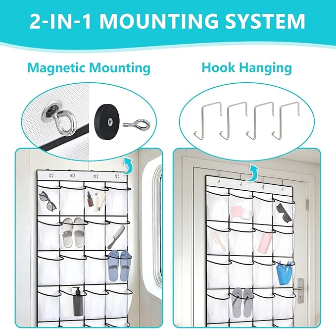 Esoes Cruise Ship Magnetic Door Organizer, 24 Pockets Magnetic Behind the Door Shoe Rack-4 Strong Anti-Scratch Magnets, Over the Door Organizer Cruise Essentials Storage for Cruise Cabin Travel