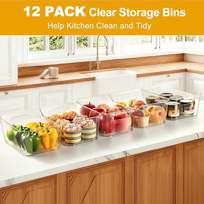Hudgan 12 Pack Pantry Storage Bins for Kitchen Cabinet, Clear Plastic Organizer Bins for Bathroom, Pantry Organizer Containers for Home Edit, Drawer, Under Sink, Fridge