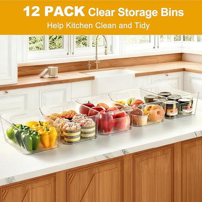 Hudgan 12 Pack Pantry Storage Bins for Kitchen Cabinet, Clear Plastic Organizer Bins for Bathroom, Pantry Organizer Containers for Home Edit, Drawer, Under Sink, Fridge
