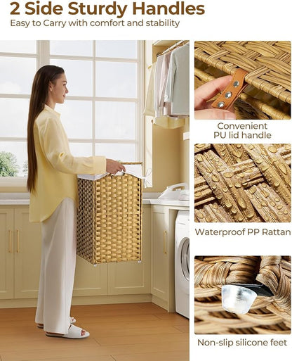 GREENSTELL Laundry Hamper with Lid, 90L Clothes Hamper with 2 Removable Liner Bags & 2 Mesh Laundry Bags, Handwoven Synthetic Rattan Laundry Basket for Clothes, Toys in Bathroom, Bedroom Natural
