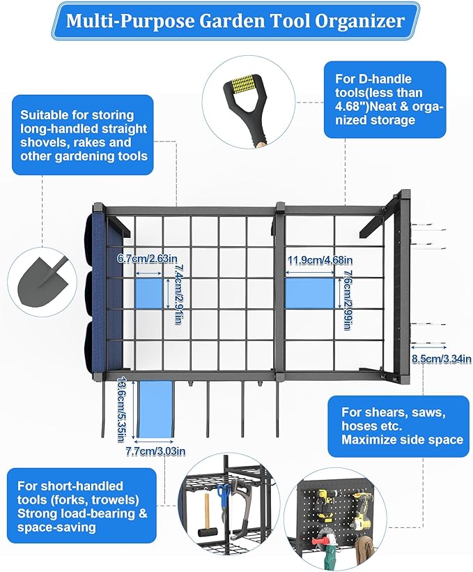 Garden Tool Organizer with Pegboard, Yard Tool Holder Standing for Garage Organization, Up to 30 Long-Handled/10 D-Handled Tools/Rake/Broom/Shovel/, with Side Storage Pocket