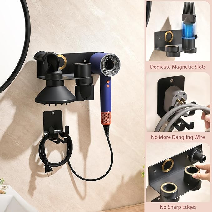 Hair Dryer Holder Wall Mount for Dyson Supersonic Airwrap Hair Dryer, Wall Mounted Hair Tool Organizer, Metal Blow Dryer Holder Attachments Storage for Bathroom and Salon, Black