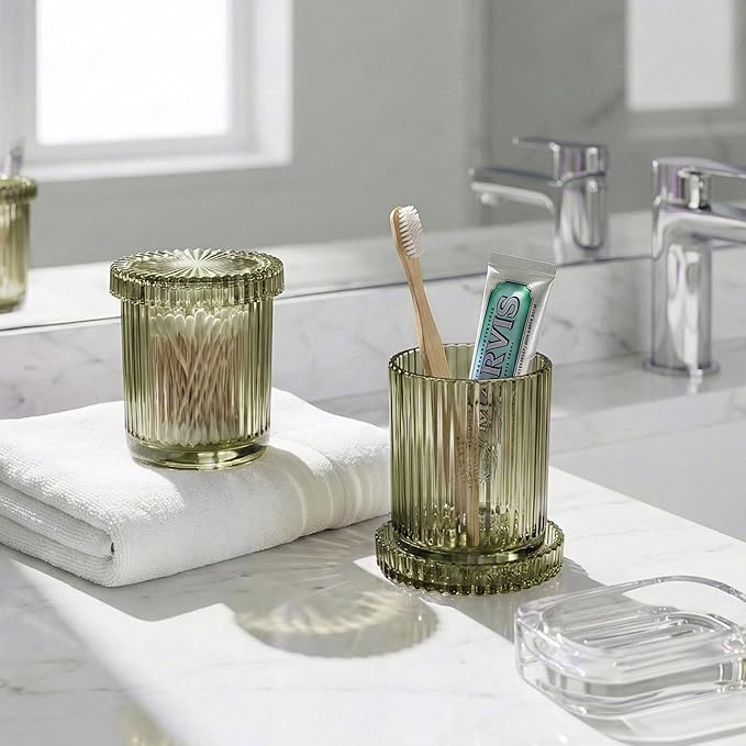 2 Pack Qtip Holder - Apothecary Jars with Lids, Bathroom Organizers and Storage Canister for Cotton Balls,Swabs,Floss Picks,Hair Ties,Clear Glass Vintage Bathroom Decor Jar Set (green2)