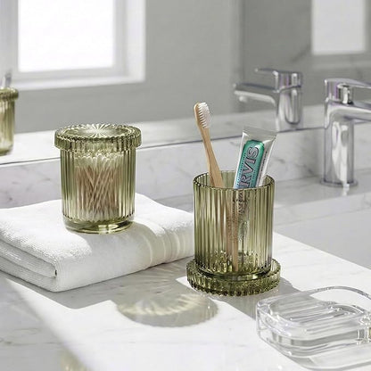 2 Pack Qtip Holder - Apothecary Jars with Lids, Bathroom Organizers and Storage Canister for Cotton Balls,Swabs,Floss Picks,Hair Ties,Clear Glass Vintage Bathroom Decor Jar Set (green2)