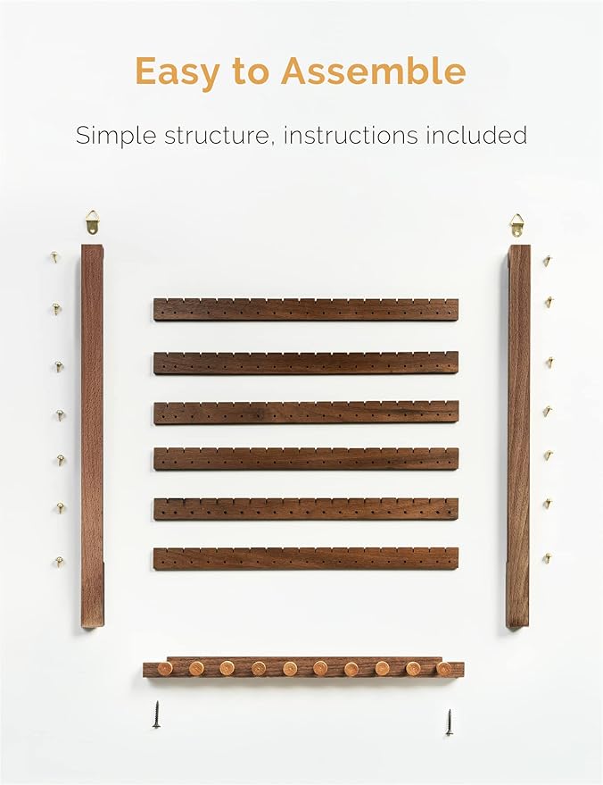 Mymazn Easy Assemble Solid Walnut Wood Earring Wall Holder Hanging Jewelry Organizer Necklace Holder Earring Hanger Wall Mount Jewelry Organizer for Necklaces Rings Scruncies Organization