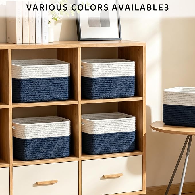 4 Pack Storage Baskets for Organizing, 12''Lx9''Wx8''H Woven Baskets for Storage Toys, Towels, Books, and Clothes, Cotton Rope Basket for Shelves with Handle