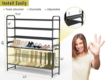 MISSLO 3-Tier Long Shoe Rack for Closet Shoe Organizer for Closet Floor Entryway Storage Stackable Wide Shoe Shelf Stores 24 Pairs of Men Sneakers, Black