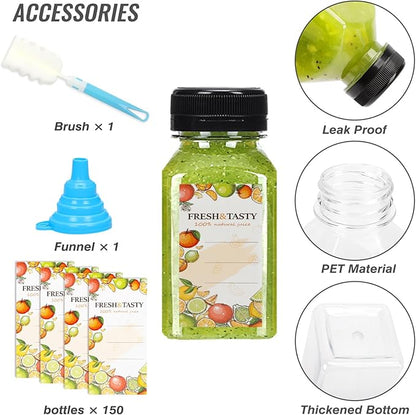TOMNK 150pcs Juice Bottles with Caps, 4oz Plastic Containers with Lids Empty Reusable Clear Ginger Shots Bottles with Label, Funnel, and Brush Beverage for Juicing, Smoothies, Drinking, Fridge