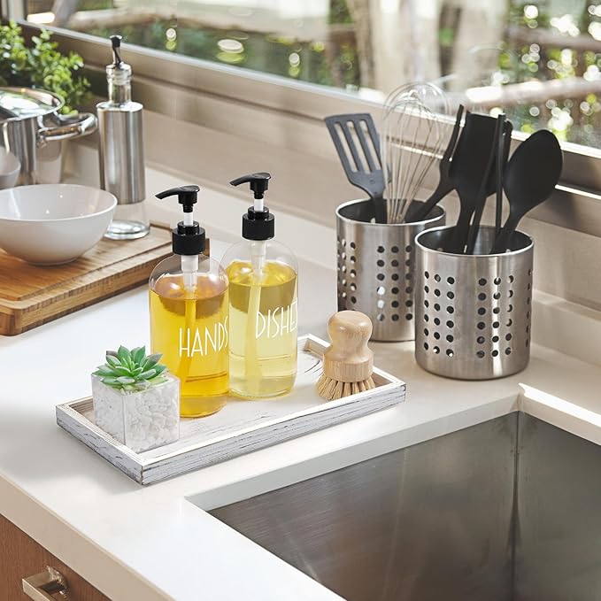 ALELION 11.7" White Bathroom Vanity Tray for Counter - Decorative Tray for Toilet Tank Makeup Perfume Jewelry Catchall Coffee Table - Wooden Kitchen Countertop Organizer for Soap Dispenser