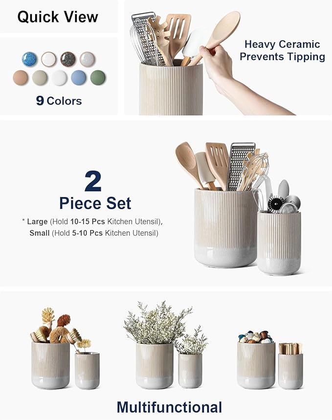 LE TAUCI Utensil Holder for Kitchen Counter, 7.3"+5.4" Fluted Ceramic Utensil Crock Organizer for Countertop, Heavy Large Holder for Spatulas, Spoons, Set of 2, Gray Marble