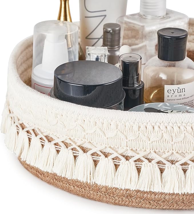Mkono Makeup Perfume Holder Organizer Macrame Decorative Woven Rope Basket Boho Decor Cosmetics Desk Storage Baskets for Dresser Skin Care Lotions Essential Oils Dorm Room Essentials,Yellow and White