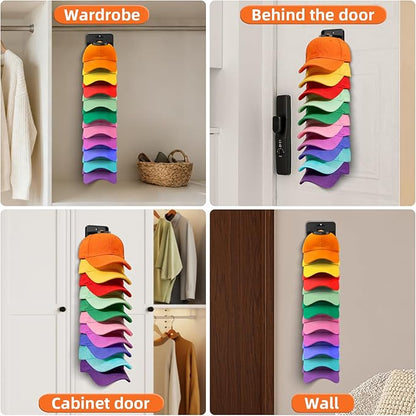 Spring-Loaded Hat Organizer for Baseball Caps (2 Pack) – Holds 20 Caps, Quick Insert & Smooth Release with Secure Hold, Wall Mount for Closet or Door with Adhesive & Screws