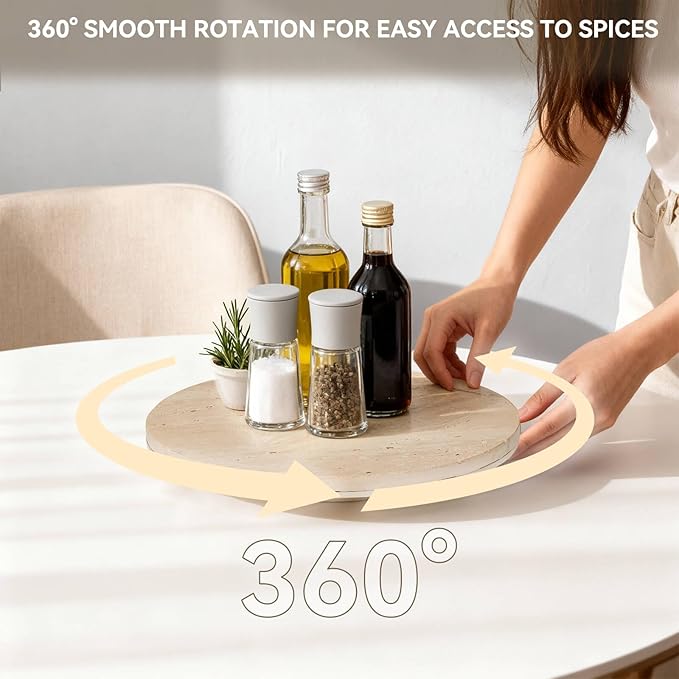 Faux Travertine Lazy Susan, 11.5" Rotating Round Serving Tray for Kitchen Countertop, Dining Table or Vanity Organizer