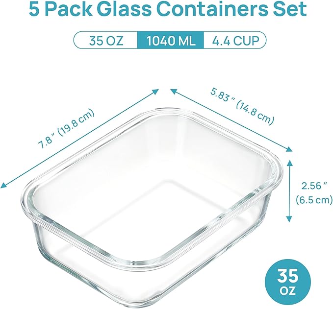 Vtopmart 5 Pack 35oz Glass Containers with Bamboo Lids, Meal Prep Food Storage Containers, BPA Free, Microwave & Dishwasher Safe
