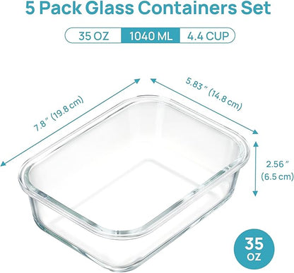 Vtopmart 5 Pack 35oz Glass Containers with Bamboo Lids, Meal Prep Food Storage Containers, BPA Free, Microwave & Dishwasher Safe
