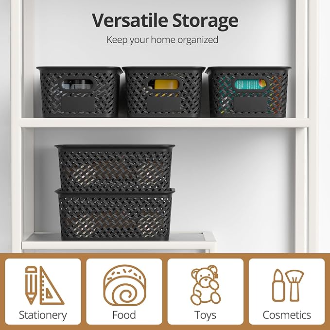 Plastic Storage Bins with Lid, Stackable Small Box Basket for Organizing and Containers for Shelves Drawers Desktop Closet Playroom Pantry Classroom Office Home, 8-pack 10.2x7.2x4.1 Inch, Black