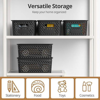 Plastic Storage Bins with Lid, Stackable Small Box Basket for Organizing and Containers for Shelves Drawers Desktop Closet Playroom Pantry Classroom Office Home, 8-pack 10.2x7.2x4.1 Inch, Black