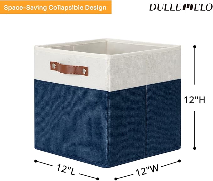 DULLEMELO 12 inch Cube Storage Bins, Gift Baskets Empty for Boy Girl Mother Father Christmas Festival,Fabric Storage Bins Cube Organizer Baskets With Leather Handles(White&Blue-4 Pack)