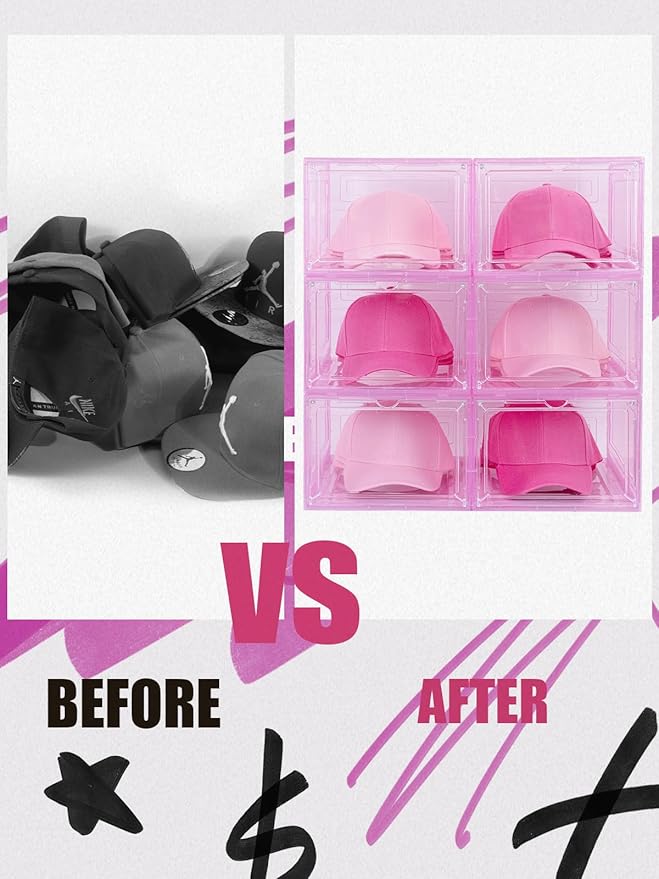 SCAVATA 6 Pack Hat Organizer Box, Stackable Clear Baseball Caps Holder Box Containers with Magnetic Door for Hats Snapback Cap Storag, Hat Rack Display Case, Holds 8 Hats Each (Pink)