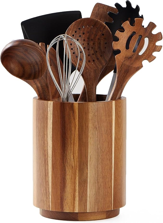 Acacia Wood Utensil Holder, 360° Rotating, Large Countertop Organizer, Farmhouse Kitchen Decor