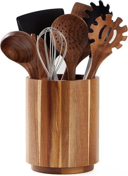 Acacia Wood Utensil Holder, 360° Rotating, Large Countertop Organizer, Farmhouse Kitchen Decor