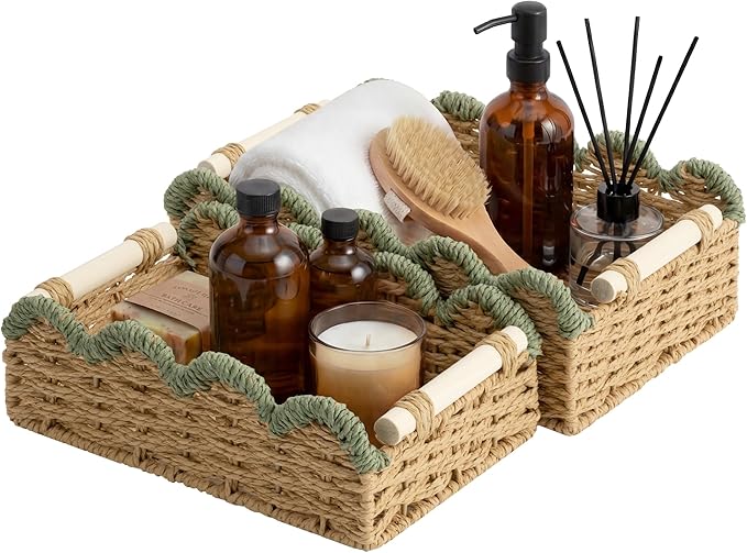 StorageWorks Toilet Paper Storage Basket 2 Pack, Toilet Basket with Wooden Handles, Small Wicker Decorative Scalloped Baskets for Organizing, Shelves, Counters, Green Rope