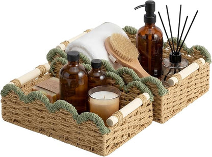 StorageWorks Toilet Paper Storage Basket 2 Pack, Toilet Basket with Wooden Handles, Small Wicker Decorative Scalloped Baskets for Organizing, Shelves, Counters, Green Rope
