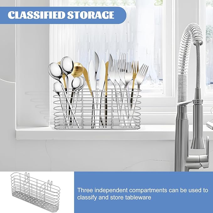 Stainless Steel Cutlery Hanging Basket for Knife Fork Spoon, Quick Drying Compartmental Utensil Drainage Rack, Rustproof Hollow Out Utensil Drying Basket for Kitchen