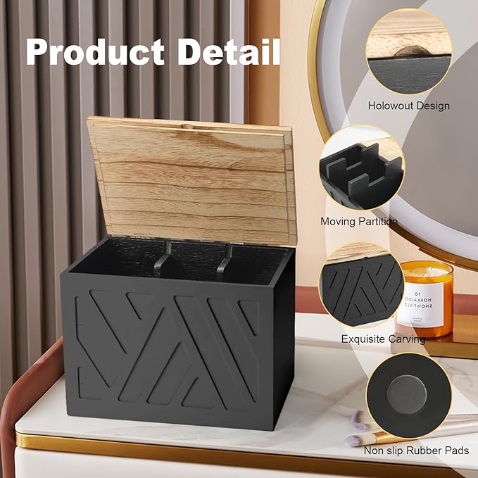 Tampon Holder for Bathroom, Feminine Product Organizer, Pad Organize Case with Lid, Shark Week Wooden Tampon Storage Decor, Lady Girl Stuff Box for Toilet Bathroom Accessories- Black