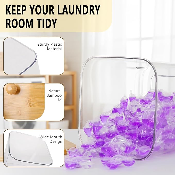TeSabMi Laundry Storage Containers - Large Detergent Powder Storage with Wooden Lids & Labels, Laundry Pods Holder for Scent Booster, Powder & Pods, Laundry Room Organization 3+1 Pack