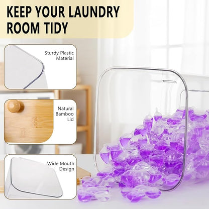 TeSabMi Laundry Storage Containers - Large Detergent Powder Storage with Wooden Lids & Labels, Laundry Pods Holder for Scent Booster, Powder & Pods, Laundry Room Organization 3+1 Pack