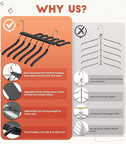HUITEM Clothes Hangers Space Saving Hangers, 6 Tier Non Slip Shirt Hangers with Foam Padding, Space Saving Coat Hanger Closet Organizers and Storage for Shirts, Sweaters, T-Shirts, Jackets, 2 Pack