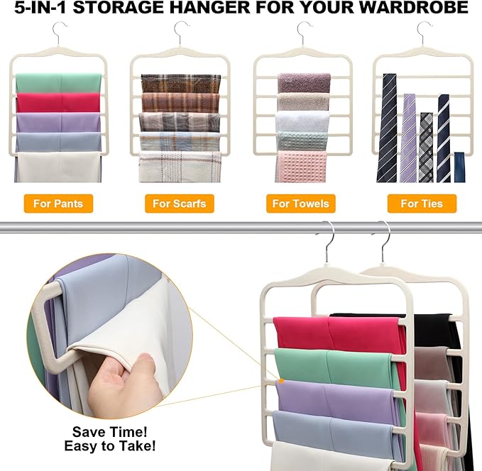 Closet Organizers and Storage,5 Pack Velvet Pants-Hangers-Space-Saving,Non Silp 5 Tier Organization-and-Storage Clothes-Hanger for College-Dorm-Room-Essentials,Closet-Organizer for Jeans Scarf Hanger