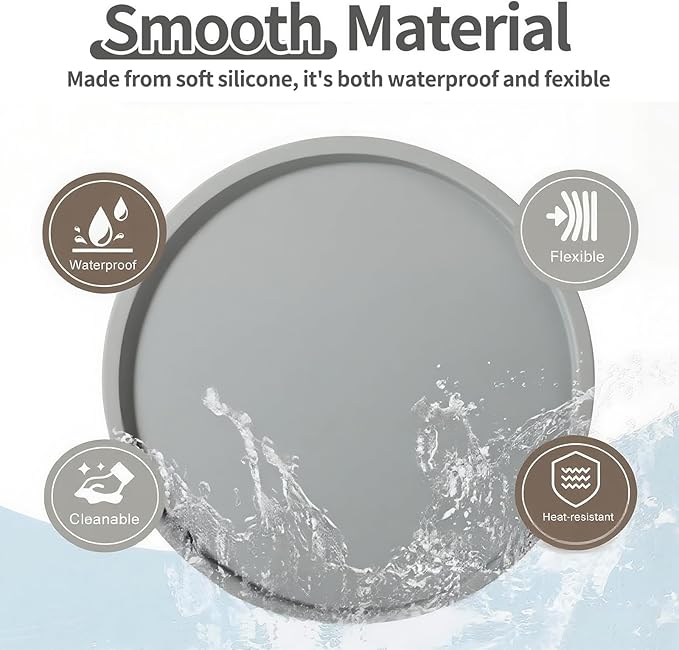 Silicone Bathroom Tray, 9" Round Grey Vanity Organizer – Decorative Countertop Tray for Soap, Candle, Perfume, Kitchen & Coffee Table