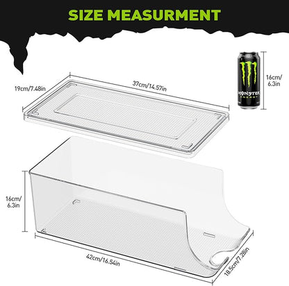 SCAVATA 2 Pack Tall Skinny Can Organizer for Refrigerator, Stackable Large Soda Cans of 16oz & 17oz Beverage Energy Drink Container Holder Dispenser with Lid for Fridge, Clear Storage Plastic Bins