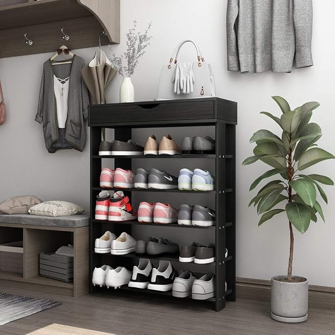 sogesfurniture 5-tier Wooden Shoes Rack Organizer with Storage Compartment, Free Standing Shoe Storage Shelf for Entryway, Living Room, Hallway, Doorway (29.5" Black)