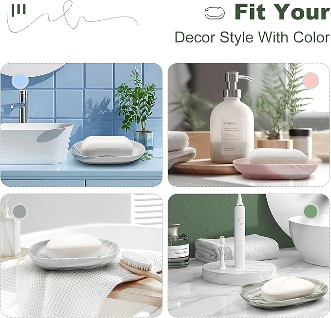 Elegant Ceramic Soap Dish for Shower with Unique Marble Texture, Decorative Bar Soap Holder for Bathroom & Kitchen, Easy Clean Versatile Cute Oval Soap Dishes for Soap Bars, Jewelry, Sponge