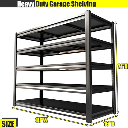 Heavy Duty Garage Shelving Unit, 5-Tier Adjustable Metal Storage Shelves, 3000LBS Utility Rack Shelf for Garage & Basement,Tool Organization, Warehouse, Pantry Closet, Kitchen, 40" W, Black